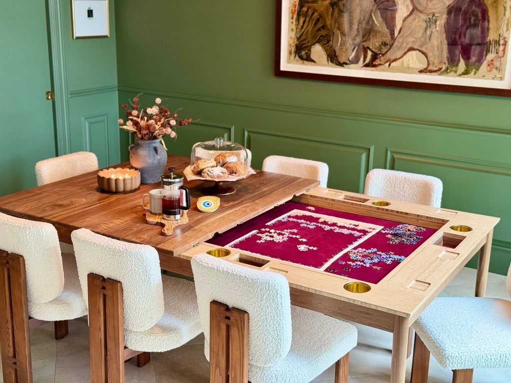 Modern convertible board game table set for play in a stylish dining room